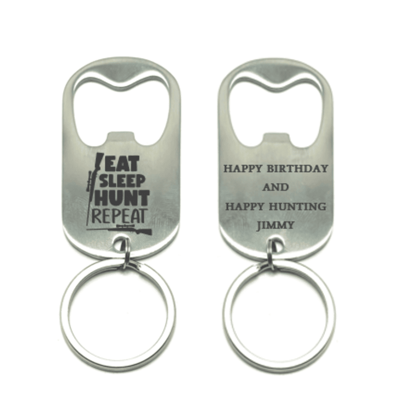 CUSTOM ENGRAVED "EAT, SLEEP, HUNT" BOTTLE OPENER KEYCHAIN