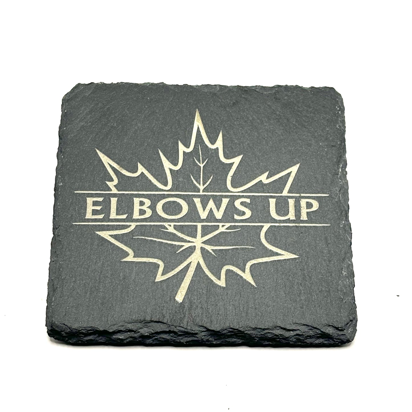 LASER ENGRAVED CUSTOM SLATE MONOGRAM MAPLE LEAF - ELBOWS UP COASTERS