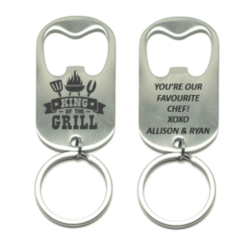 CUSTOM ENGRAVED "KING OF THE GRILL" BOTTLE OPENER KEYCHAIN