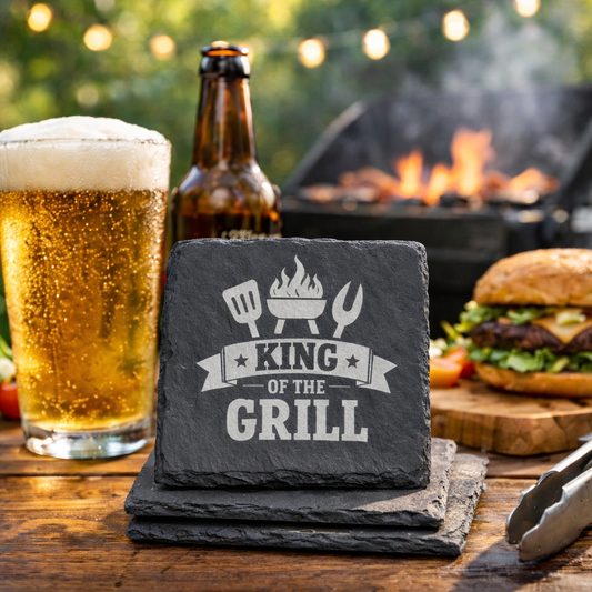 LASER ENGRAVED CUSTOM SLATE KING OF THE GRILL COASTERS