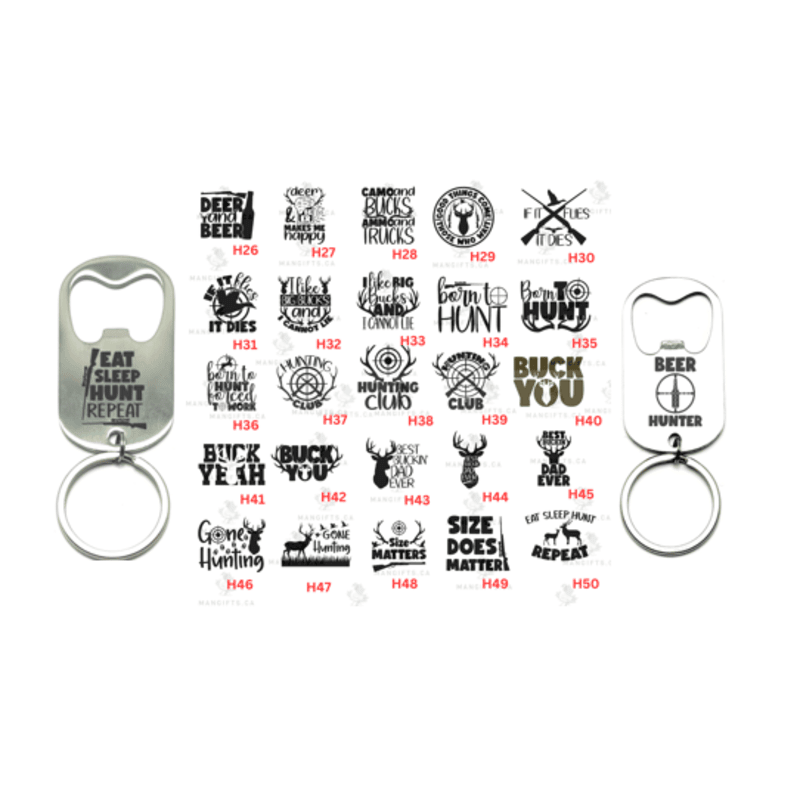 YOU DESIGN - HUNTING MOTIF BOTTLE OPENER KEYCHAIN (PICK FROM 80 DESIGNS)