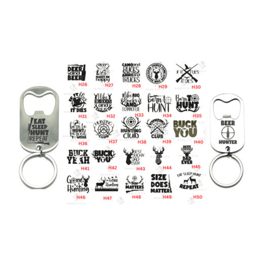 YOU DESIGN - HUNTING MOTIF BOTTLE OPENER KEYCHAIN (PICK FROM 80 DESIGNS)