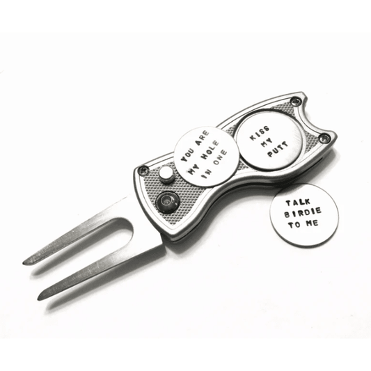 3 Custom Laser Engraved Golf Ball Markers w/ Divot Repair Tool