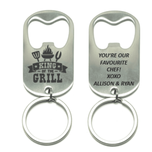 CUSTOM ENGRAVED "KING OF THE GRILL" BOTTLE OPENER KEYCHAIN